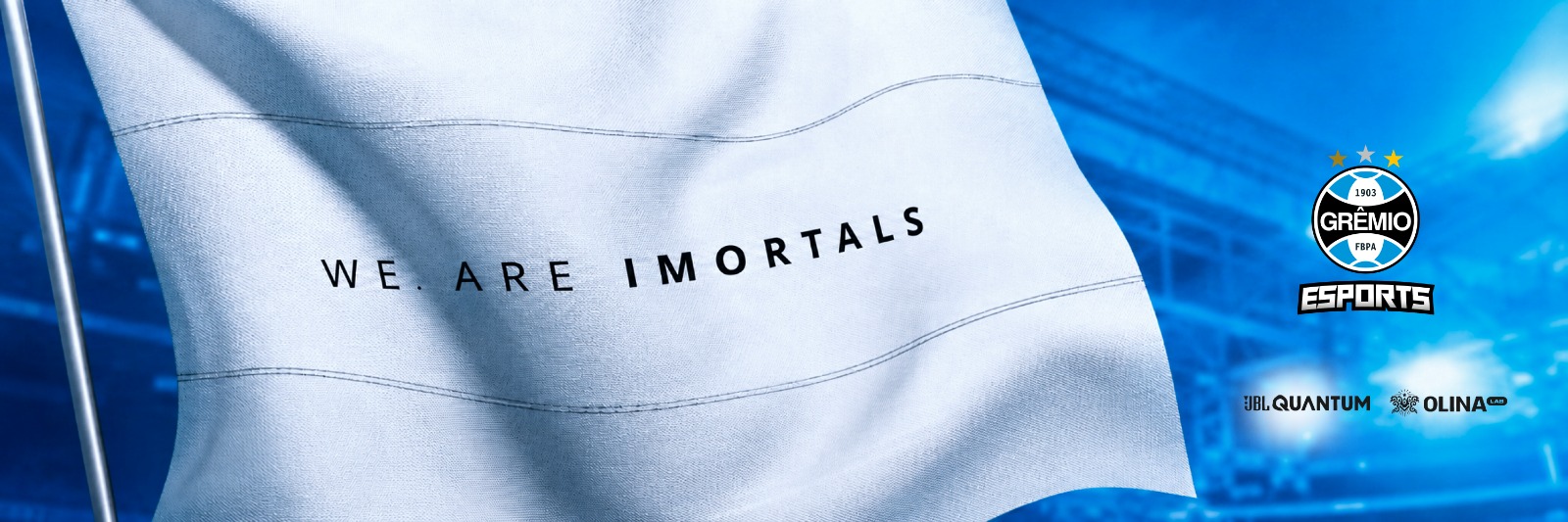 Bandeira branca em movimento com a frase We Are Immortals e a marca Grêmio E-sports